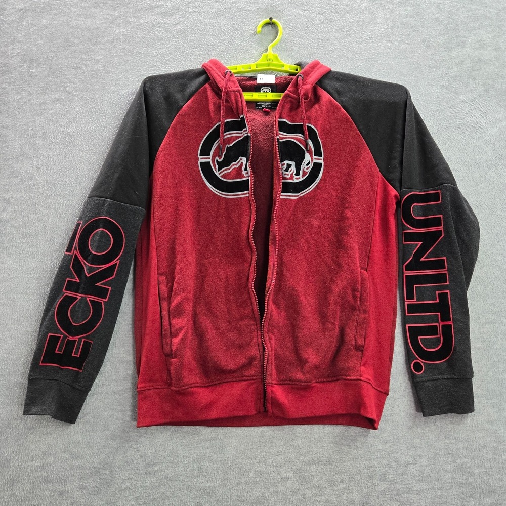 Ecko Unltd. Men Sweatshirt Large Red Hoodie Colorblock Logo Drawstring READ